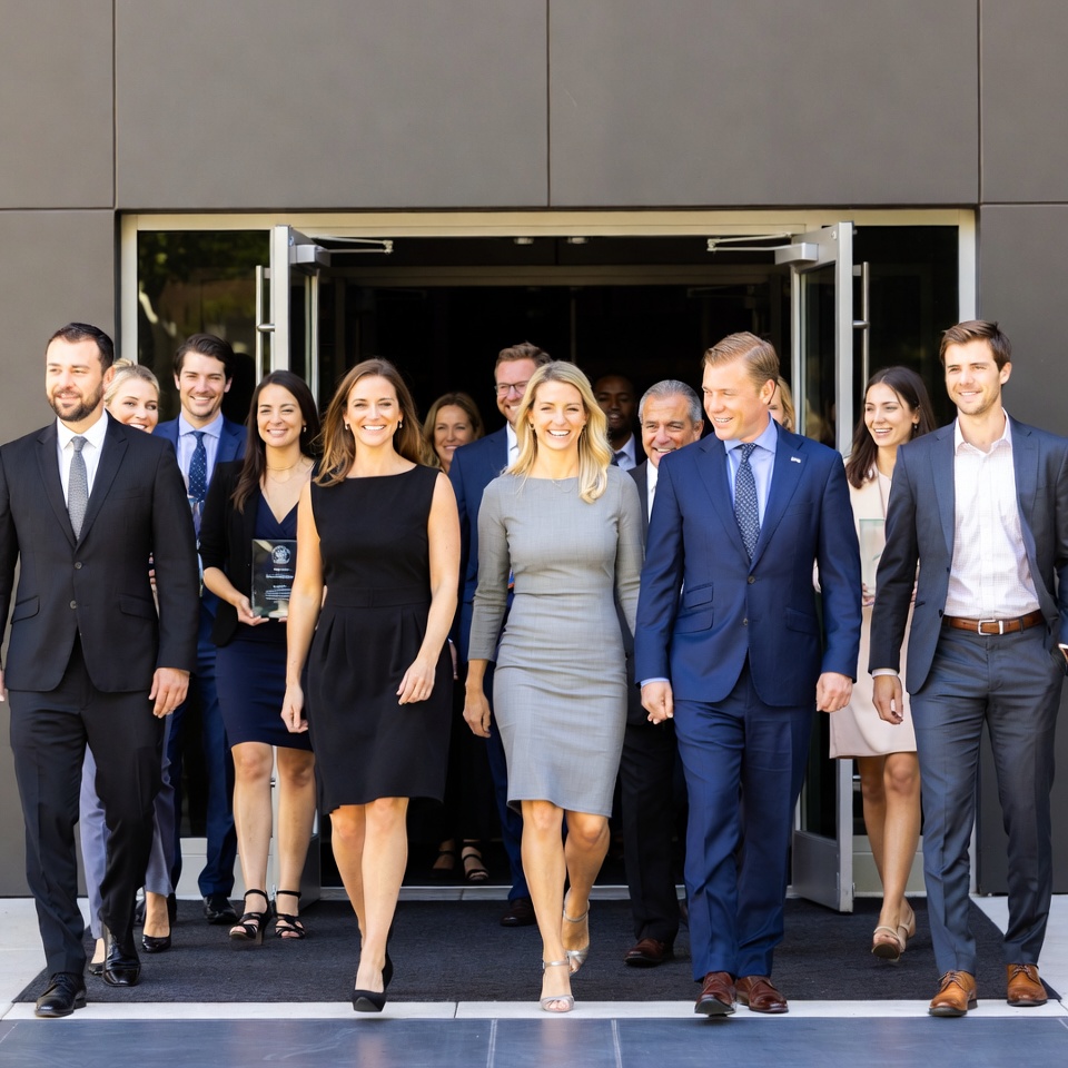 Business team walking out office doors Business team walking out office doors