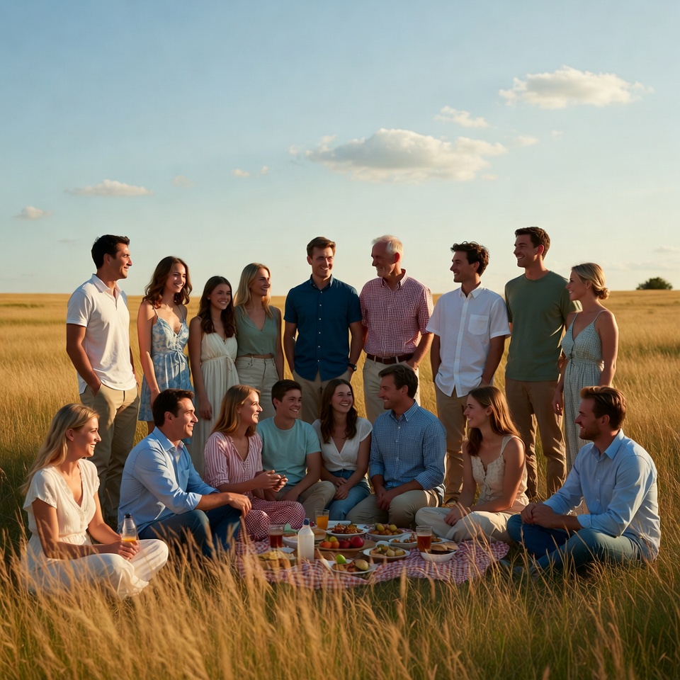 Large family picnic in grassy field Large family picnic in grassy field