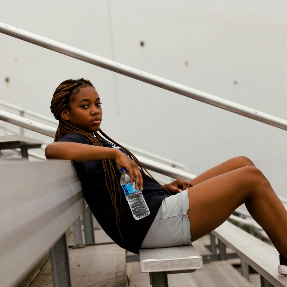 African-American girl holding water bottle on bleachers African-American girl holding water bottle on bleachers