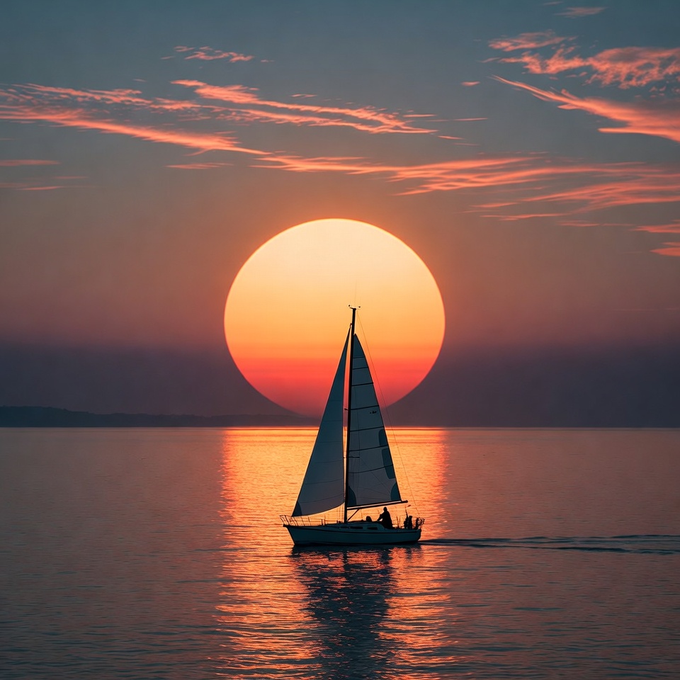 Sailboat Silhouetted Against Sunset Sailboat Silhouetted Against Sunset
