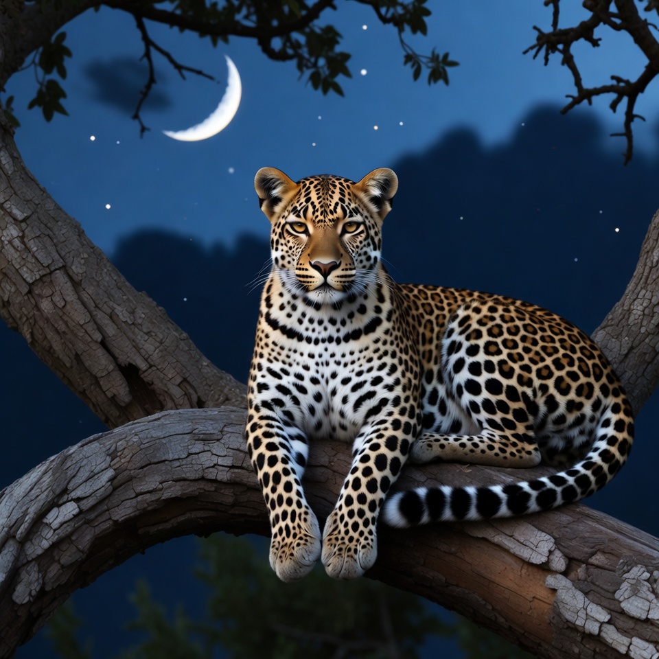 Leopard on Tree Branch at Night Leopard on Tree Branch at Night