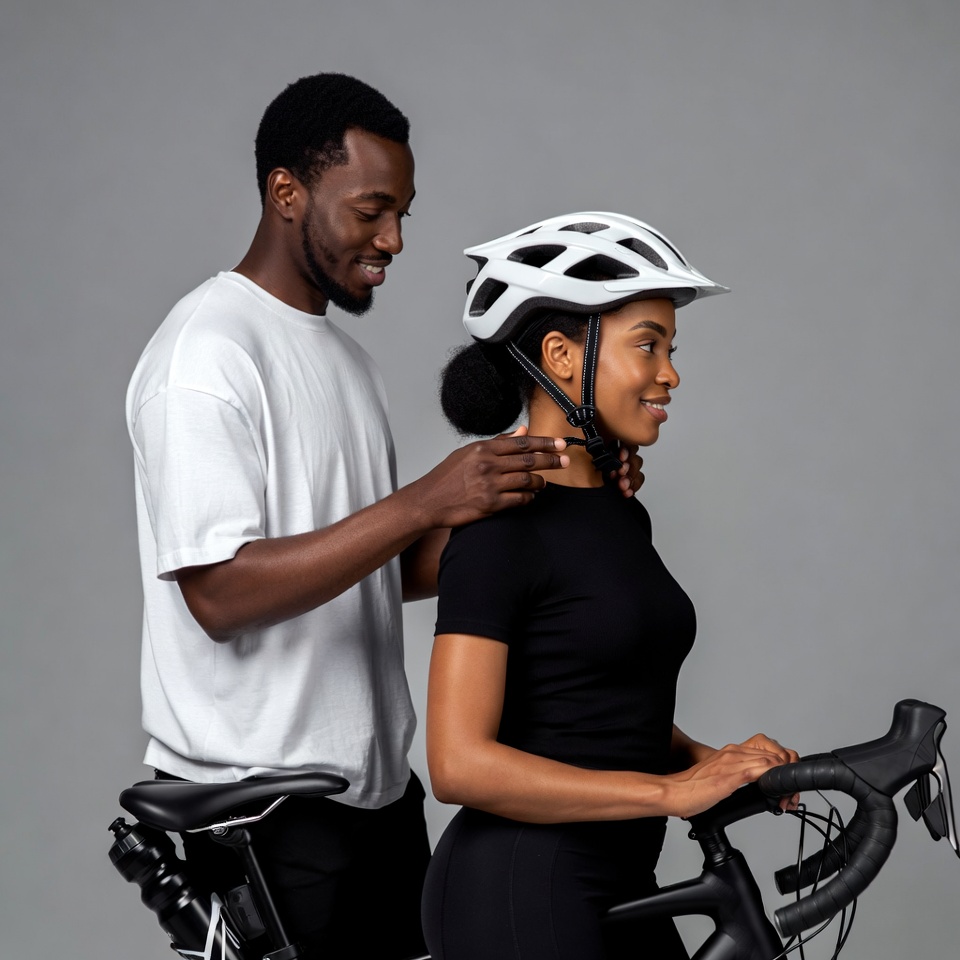 Man adjusting helmet on woman with bicycles Man adjusting helmet on woman with bicycles