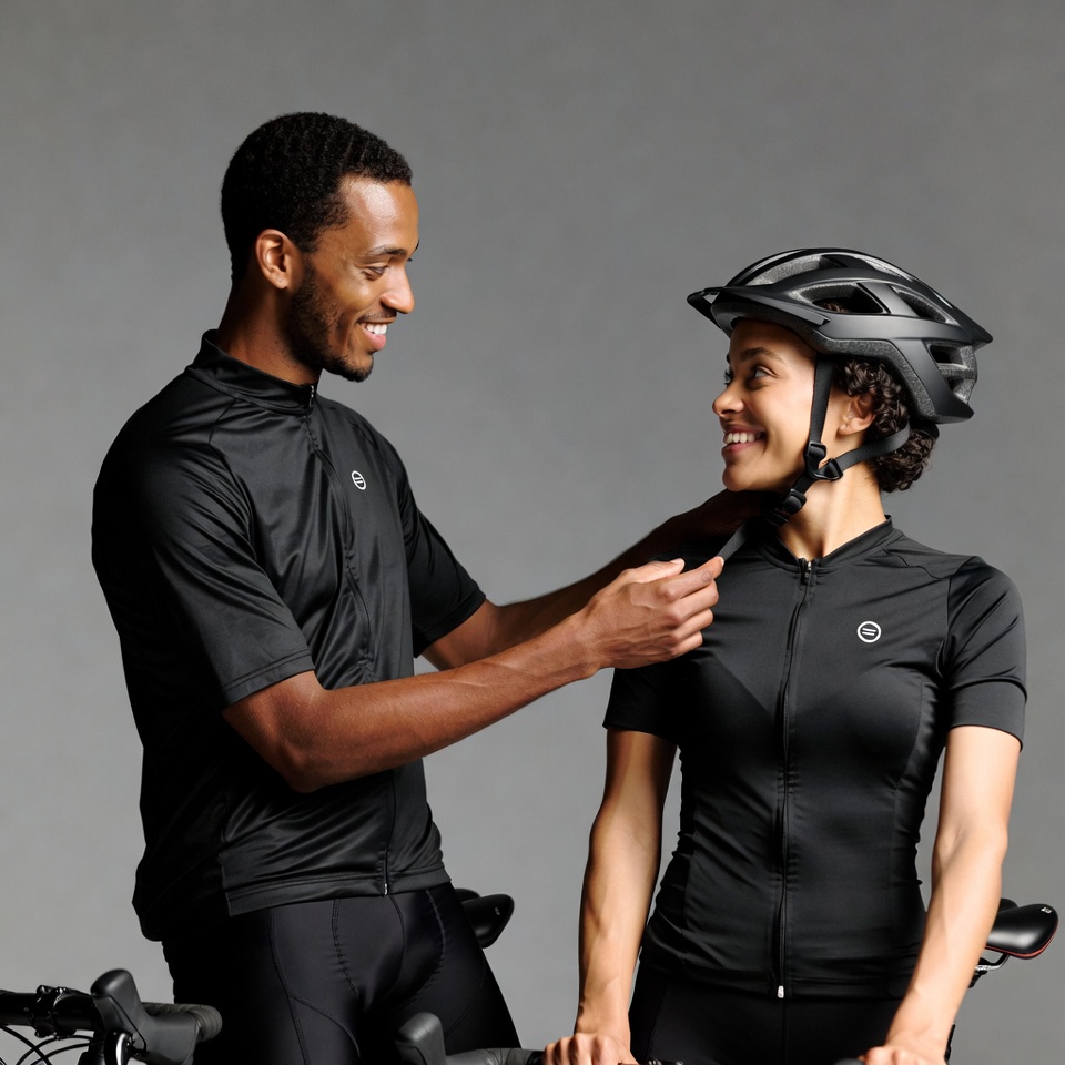 African-American couple adjusting bike helmets African-American couple adjusting bike helmets