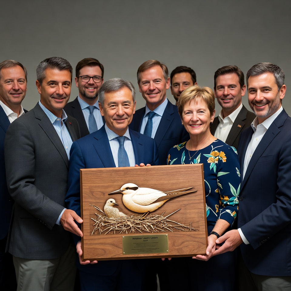 Business group holding wooden bird award Business group holding wooden bird award