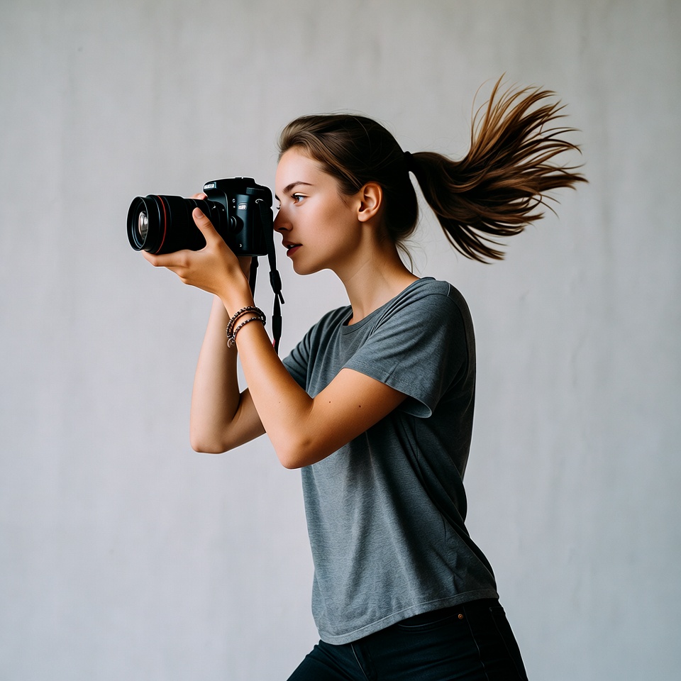 Woman photographing with ponytail Woman photographing with ponytail