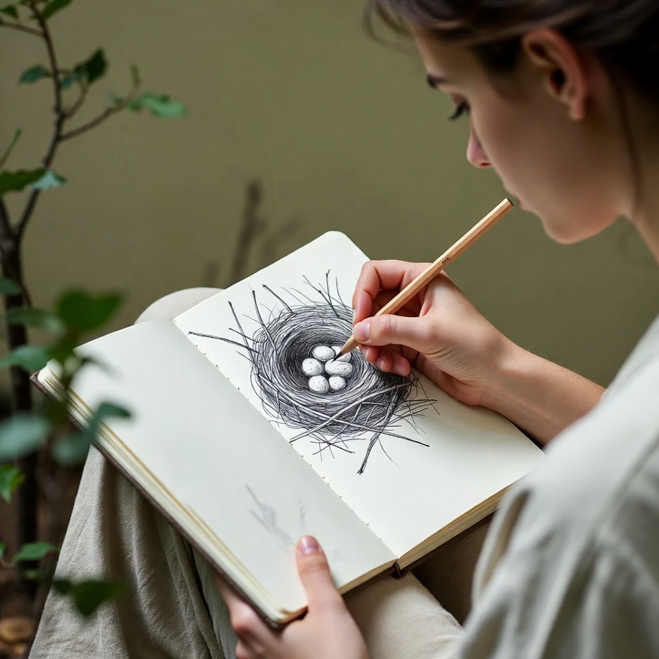 Woman drawing bird nest sketch Woman drawing bird nest sketch