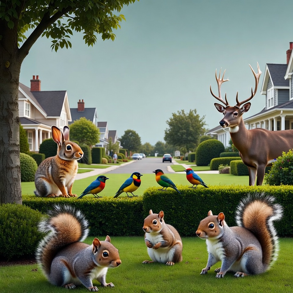 Squirrels Rabbits Deer Birds Suburban Street Squirrels Rabbits Deer Birds Suburban Street