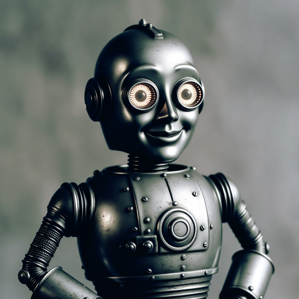 Smiling silver robot with glowing eyes Smiling silver robot with glowing eyes