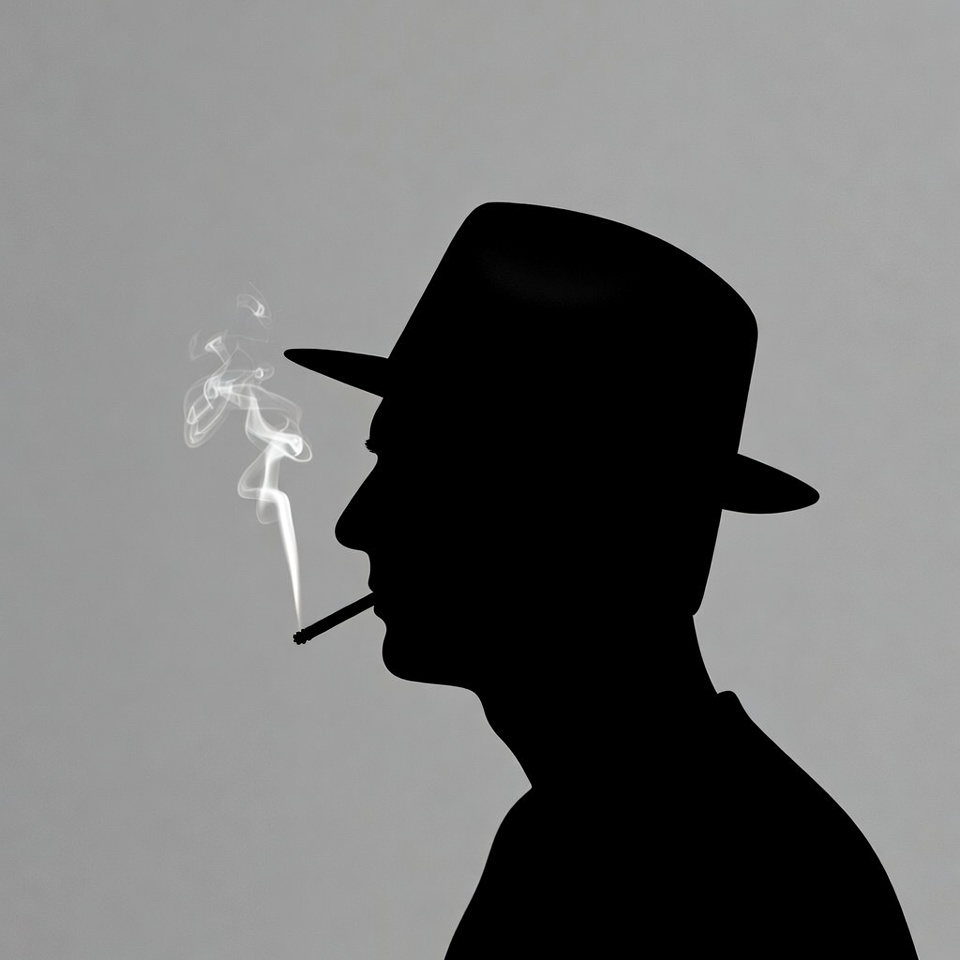 Man silhouette smoking cigarette in fedora Man silhouette smoking cigarette in fedora