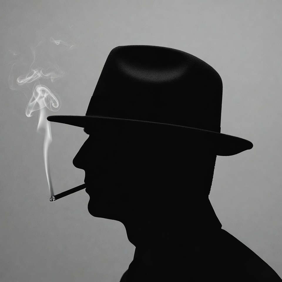 Man silhouette smoking cigarette in fedora Man silhouette smoking cigarette in fedora