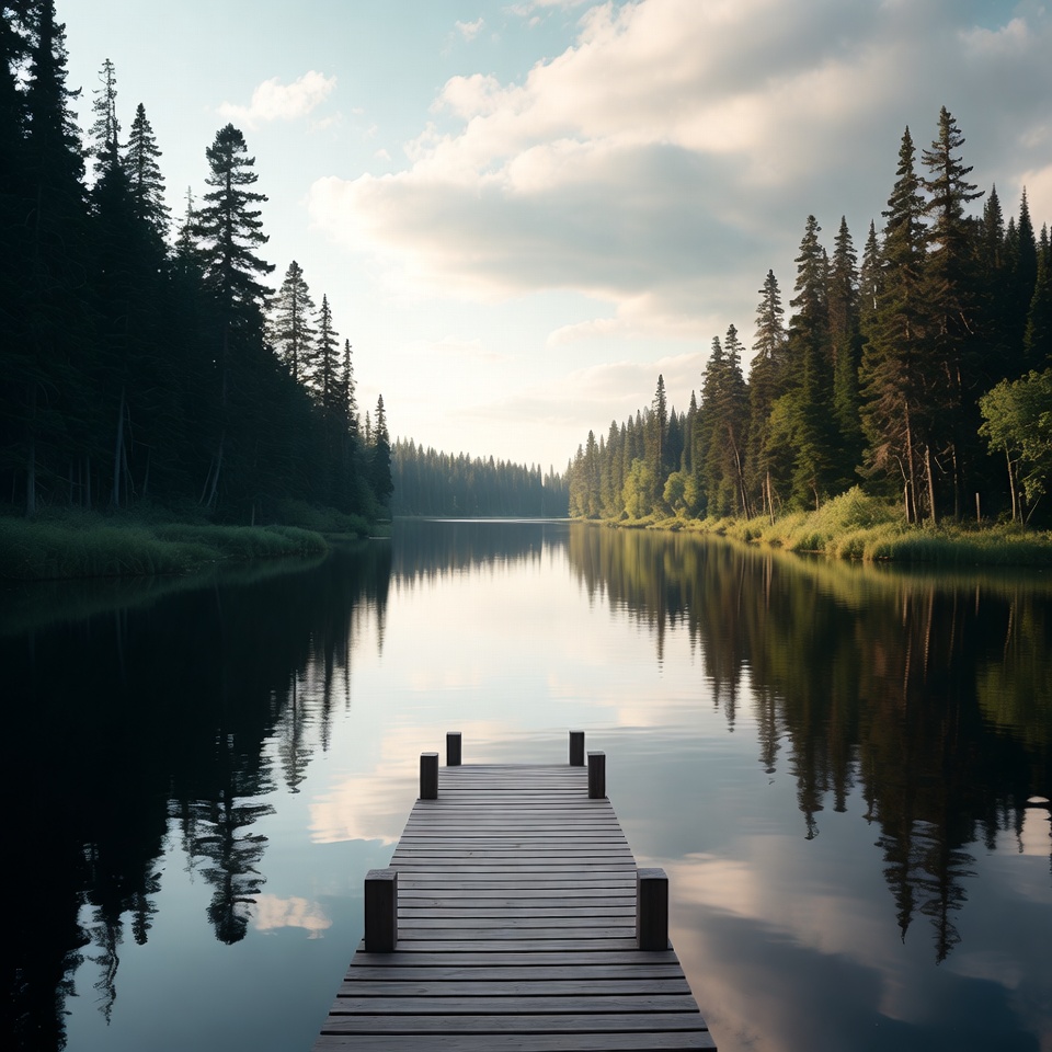 Wooden Pier Extending into Forest Lake Wooden Pier Extending into Forest Lake
