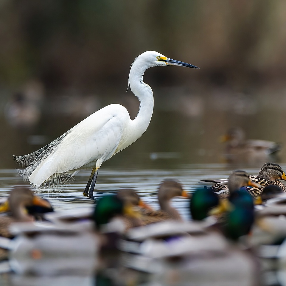 White Egret Among Ducks in Water White Egret Among Ducks in Water