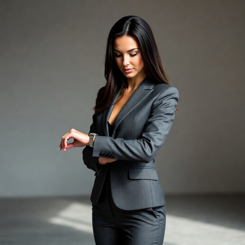 Woman checking watch in suit Woman checking watch in suit