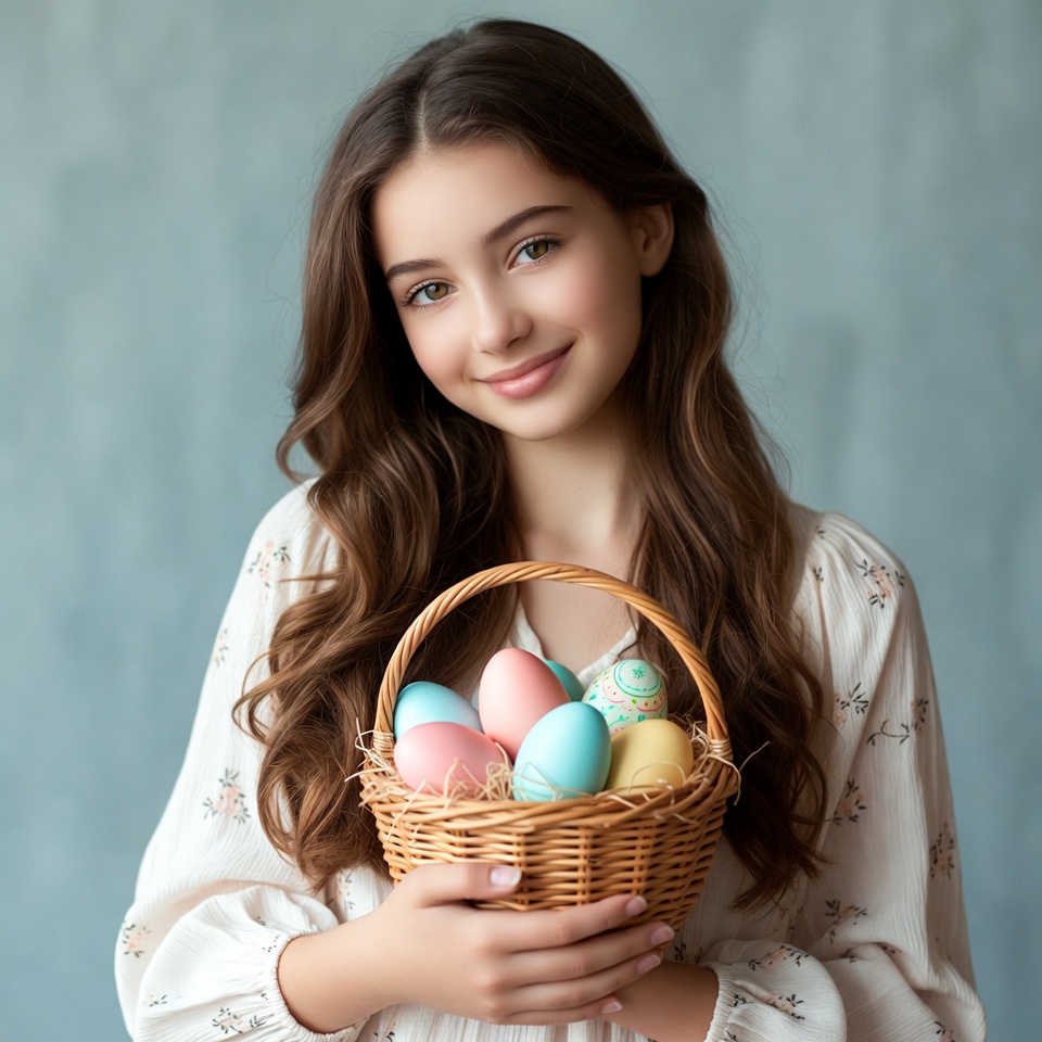 Girl holding Easter eggs basket Girl holding Easter eggs basket