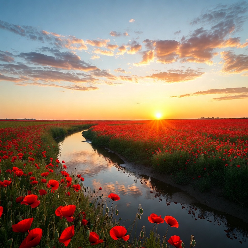 Red Poppy Field with Stream at Sunset Red Poppy Field with Stream at Sunset
