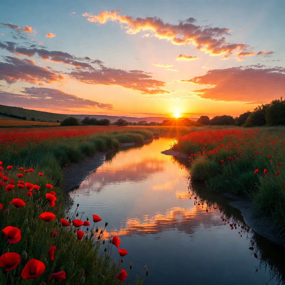 Poppy Field with Stream at Sunset Poppy Field with Stream at Sunset