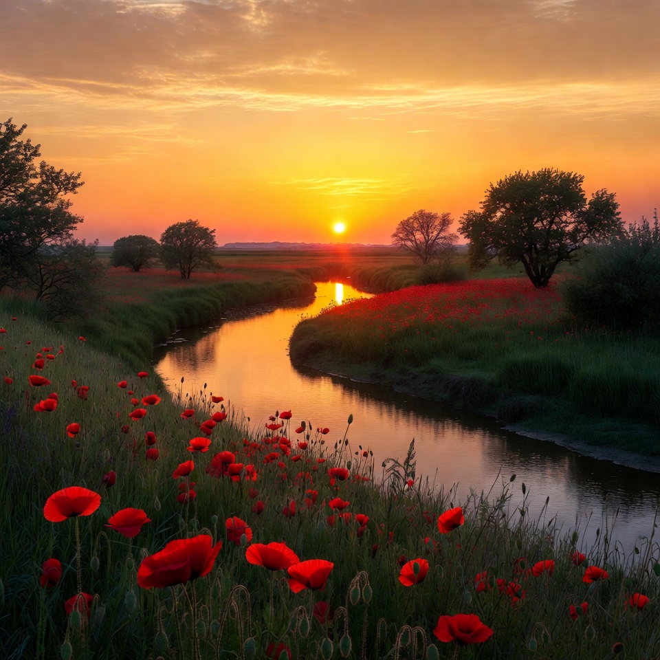 Sunset over Poppy Field and River Sunset over Poppy Field and River