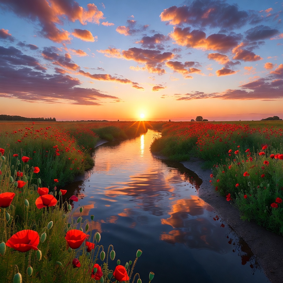 Sunset over Poppy Field and Stream Sunset over Poppy Field and Stream
