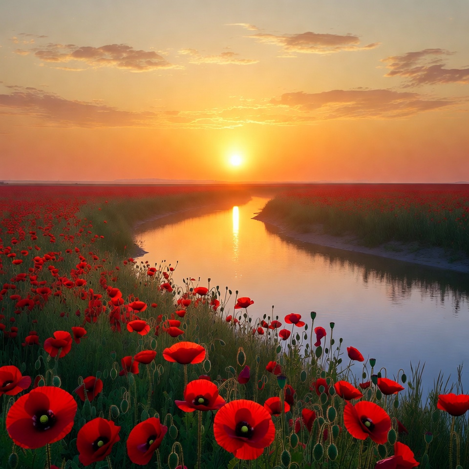 Poppy Field with River at Sunset Poppy Field with River at Sunset