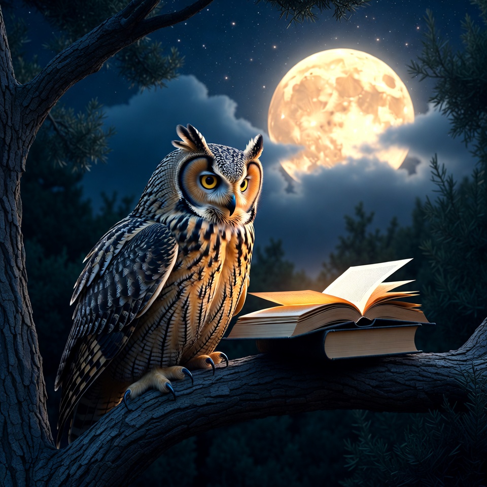 Owl reading book on tree branch Owl reading book on tree branch