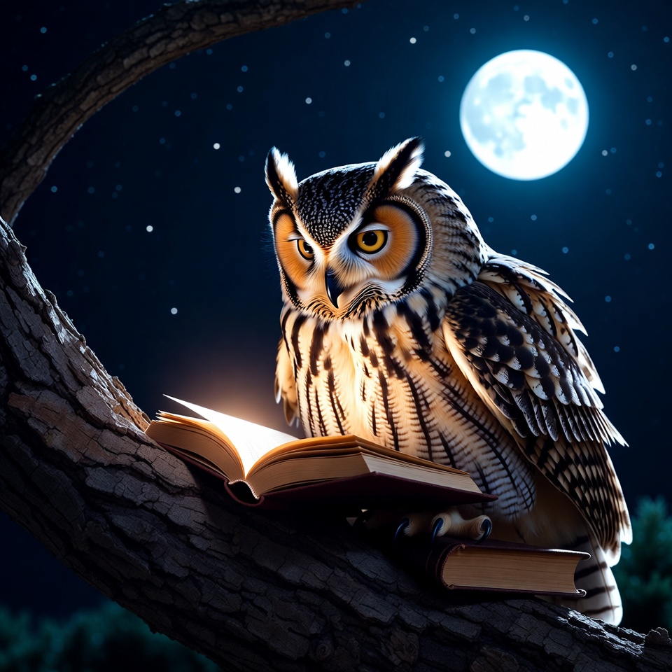 Owl reading book on tree branch Owl reading book on tree branch