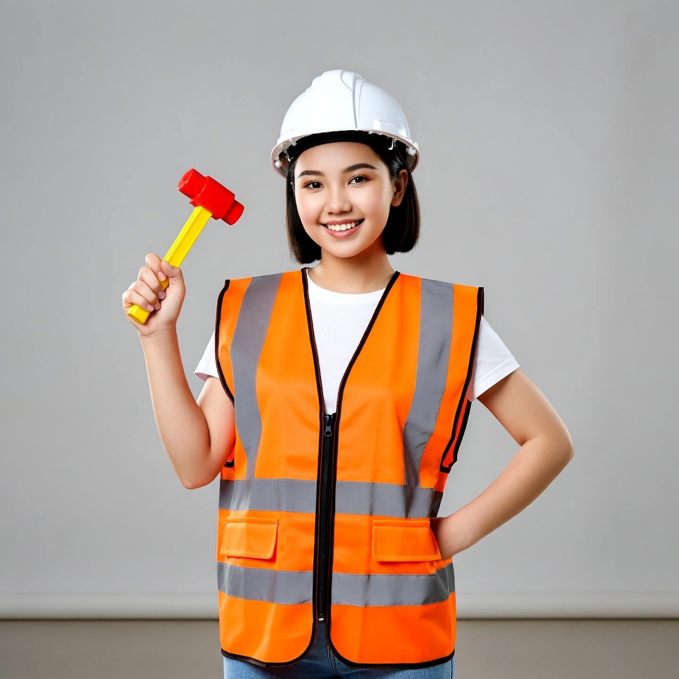 Asian woman holding hammer in hard hat Asian woman holding hammer in hard hat