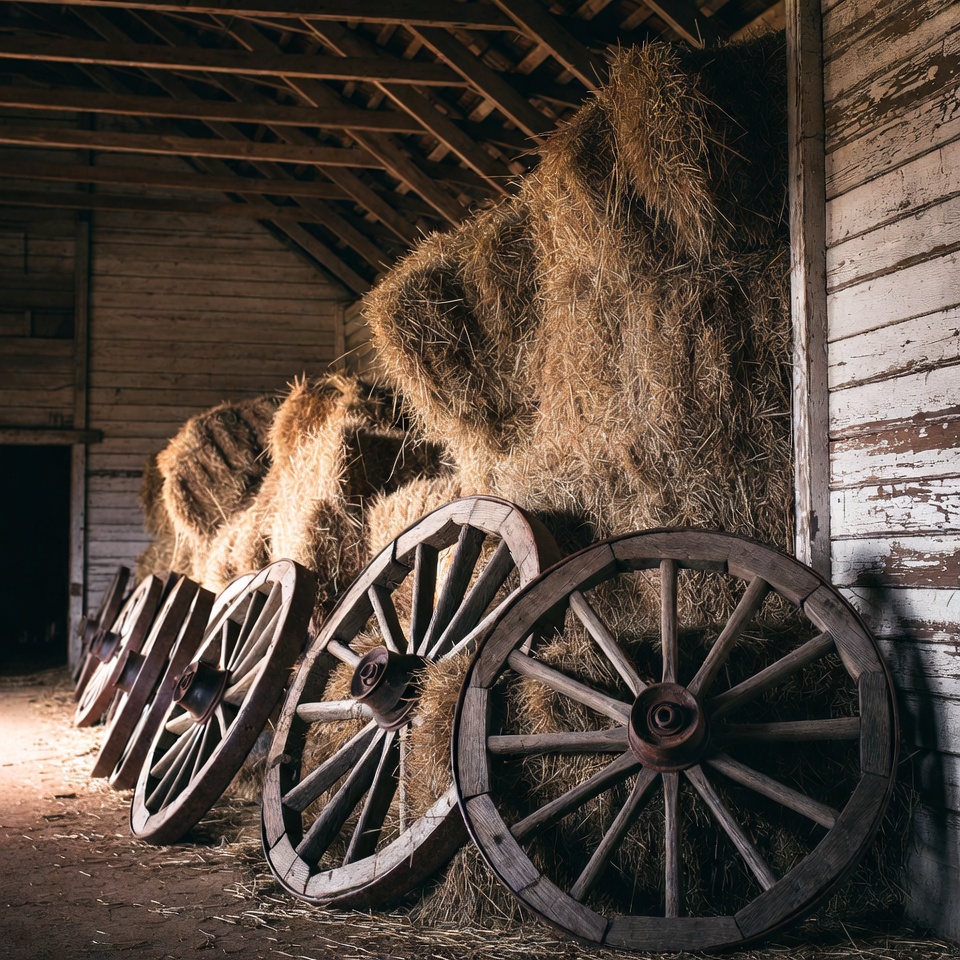 Old wagon wheels and hay bales in barn Old wagon wheels and hay bales in barn
