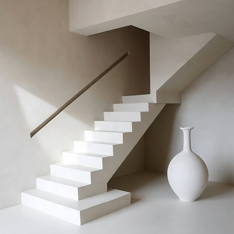 White Stairs and Vase in Minimalist Room White Stairs and Vase in Minimalist Room