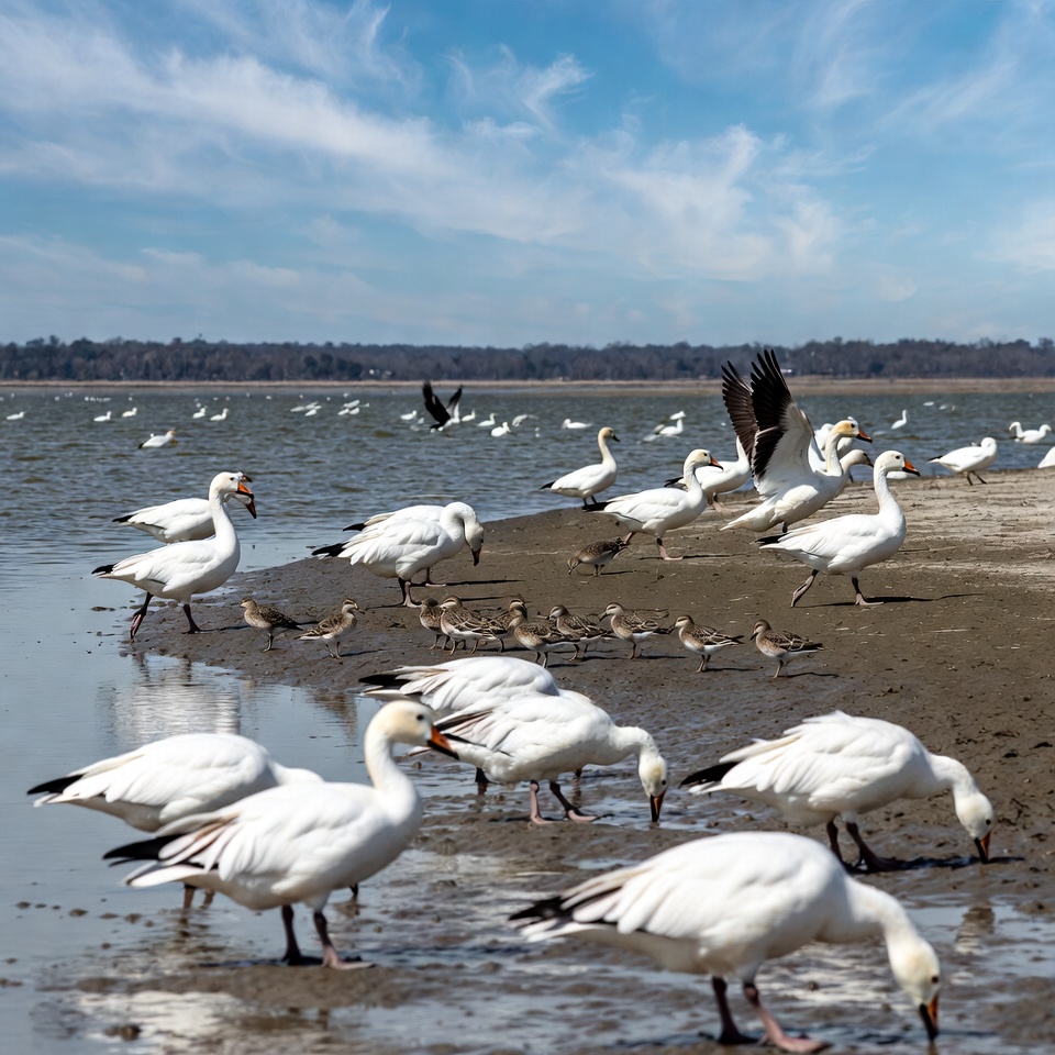 Snow Geese Flock on Lakeshore Snow Geese Flock on Lakeshore
