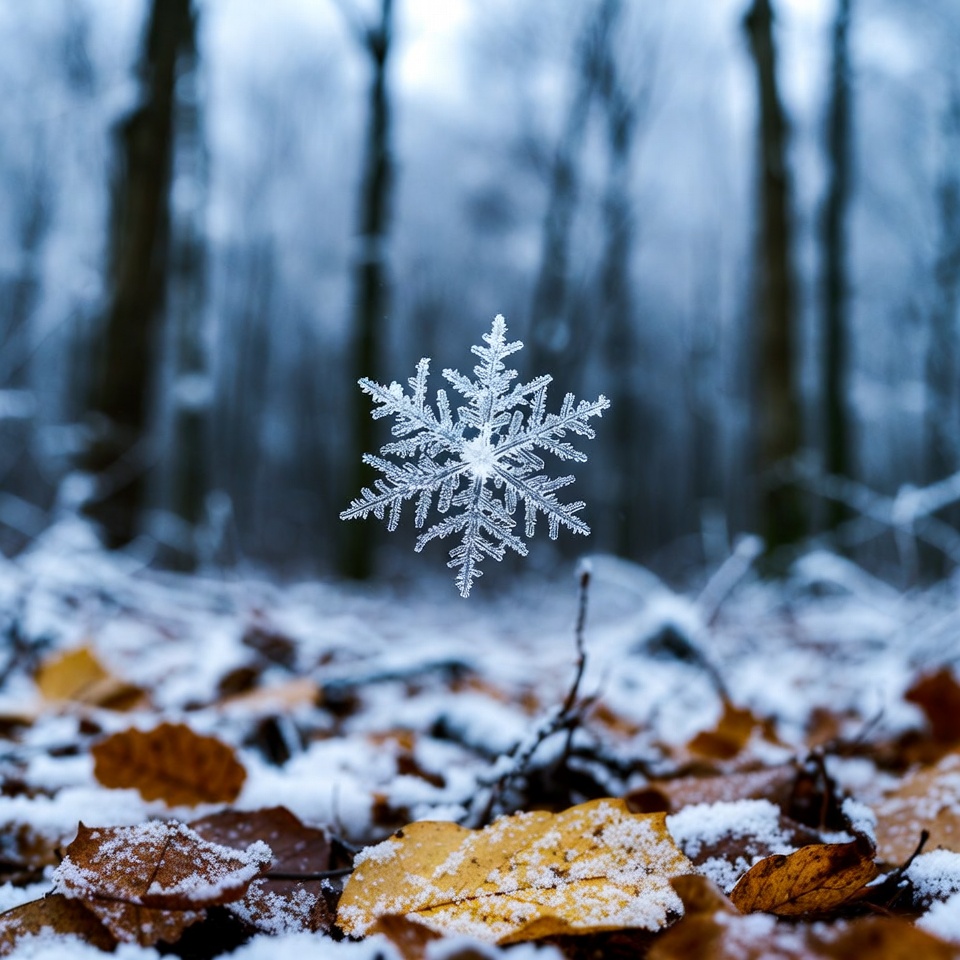 Snowflake on snowy autumn leaves Snowflake on snowy autumn leaves