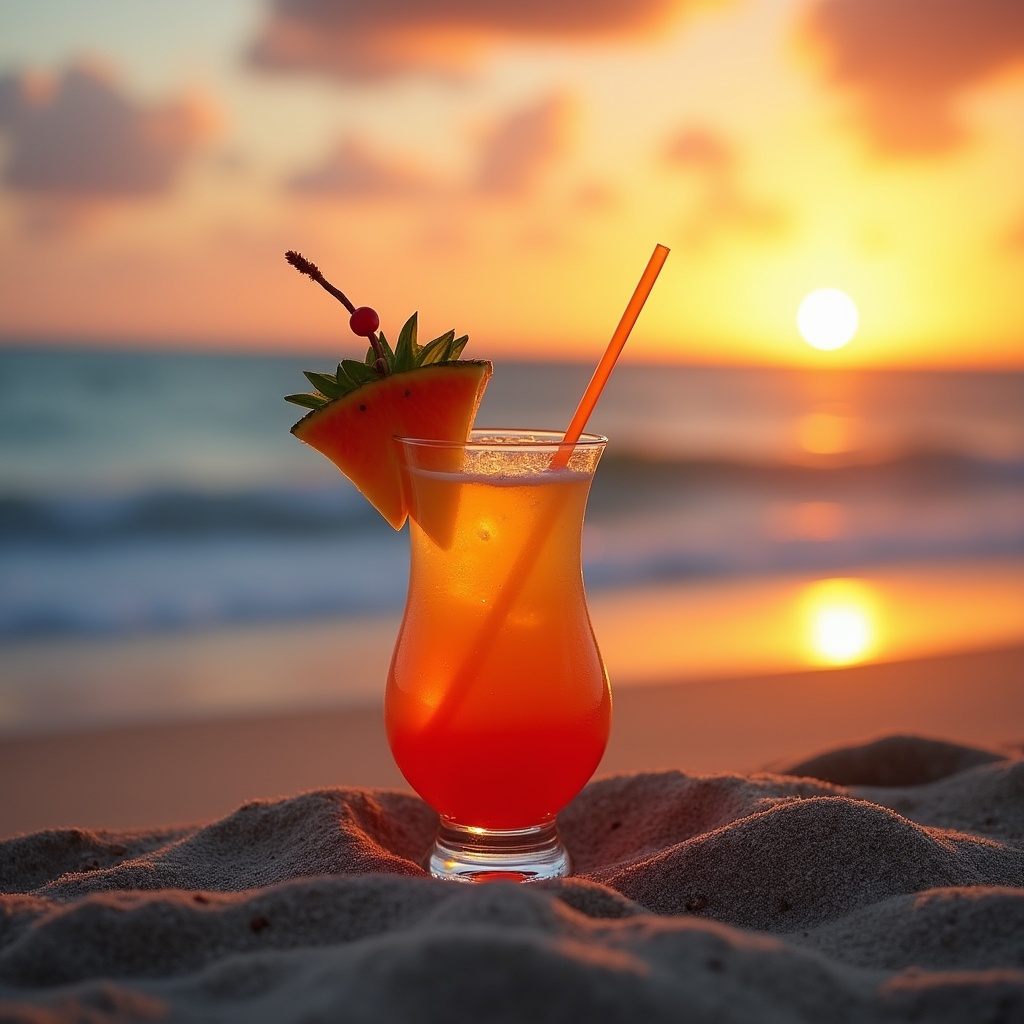 Watermelon Cocktail on Beach Sunset Watermelon Cocktail on Beach Sunset