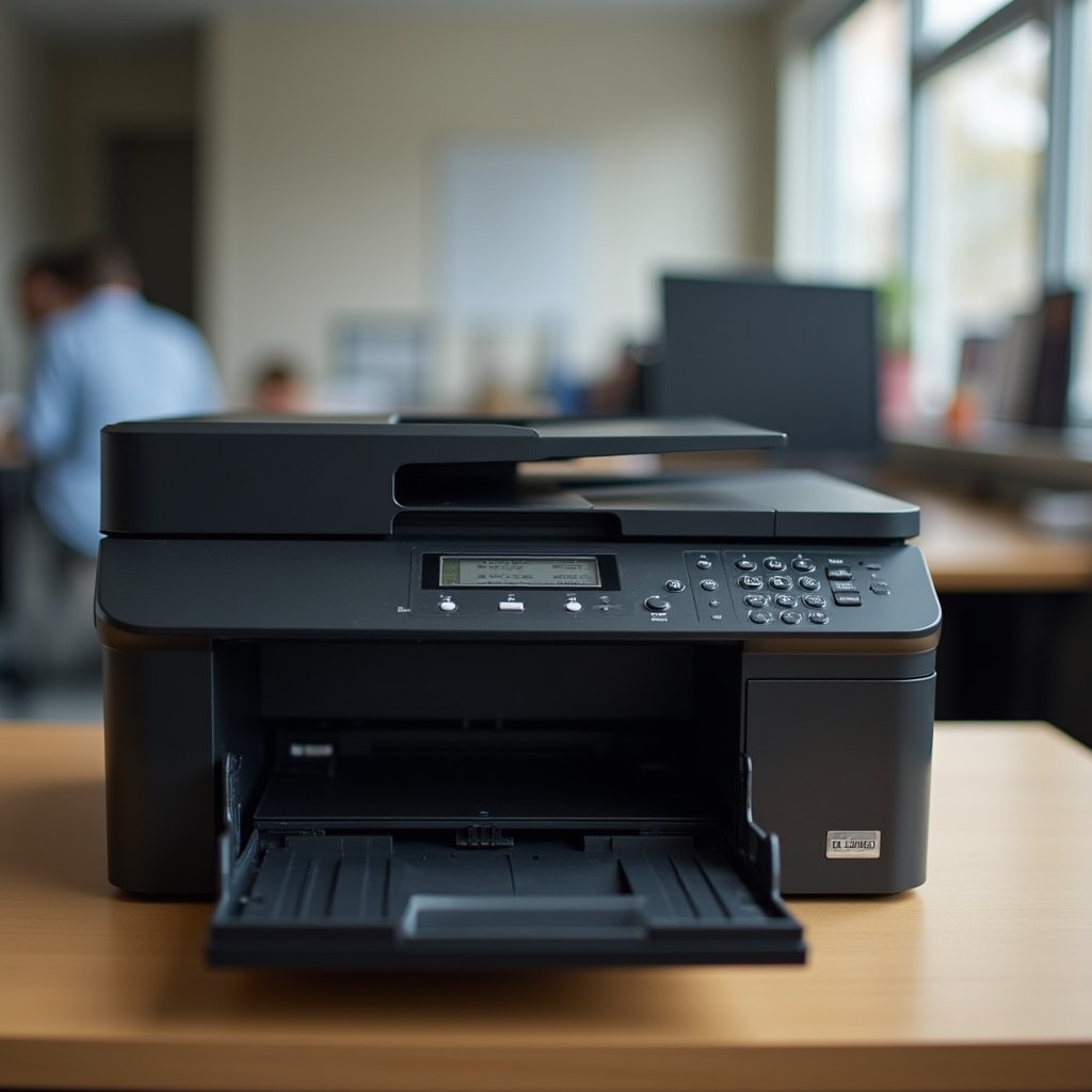 Open Tray Black Printer on Office Desk Open Tray Black Printer on Office Desk