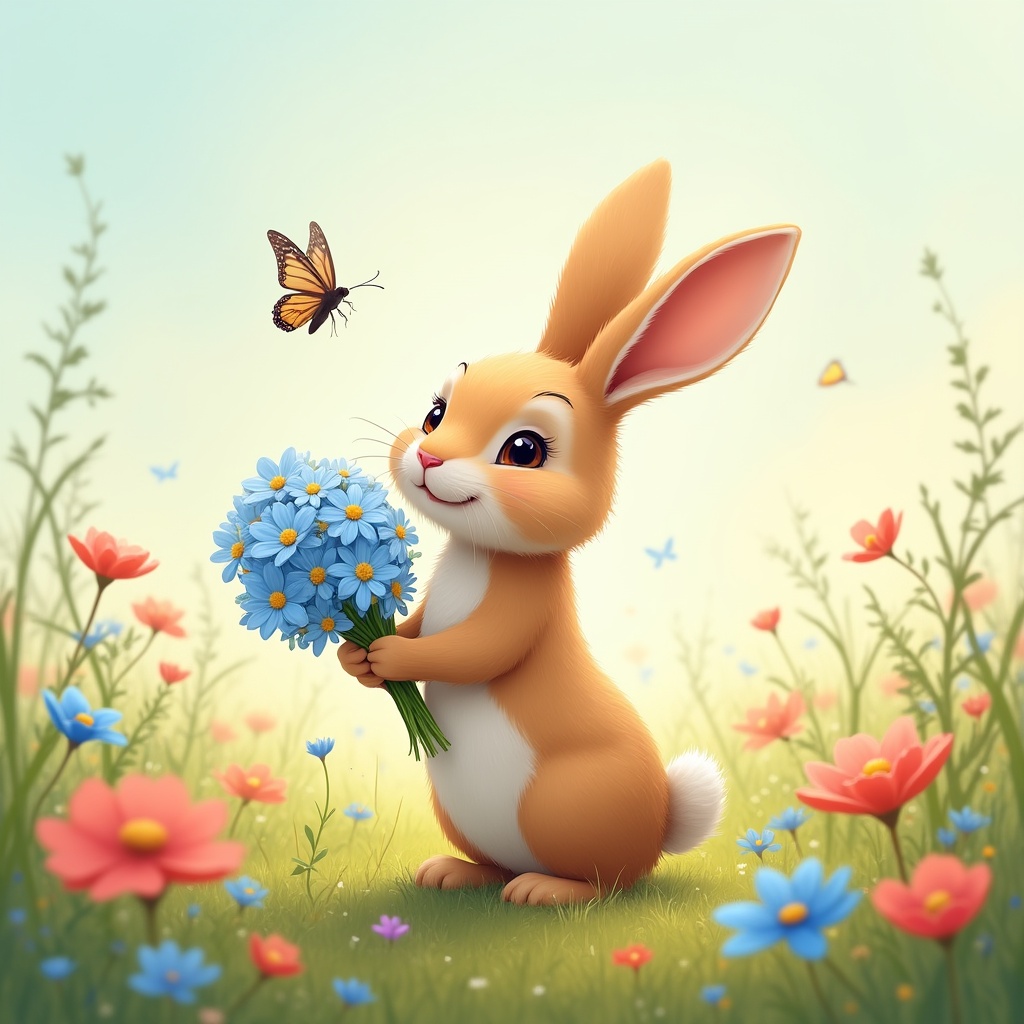 Cute bunny holding blue flowers Cute bunny holding blue flowers