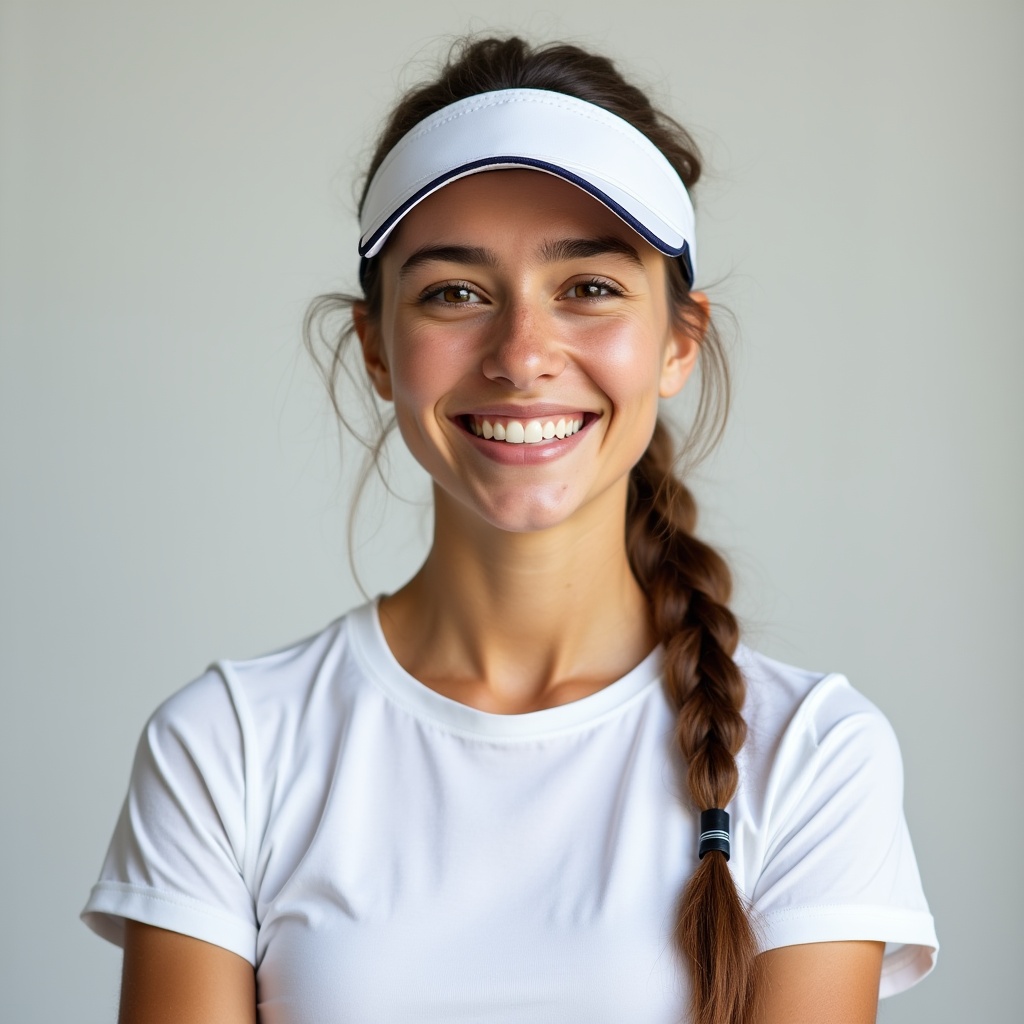 Smiling woman in white visor and t-shirt Smiling woman in white visor and t-shirt