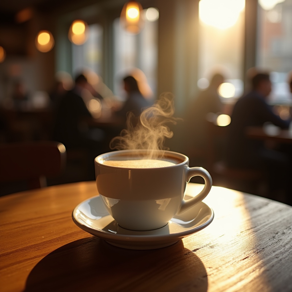 Steaming Coffee Cup on Table Steaming Coffee Cup on Table
