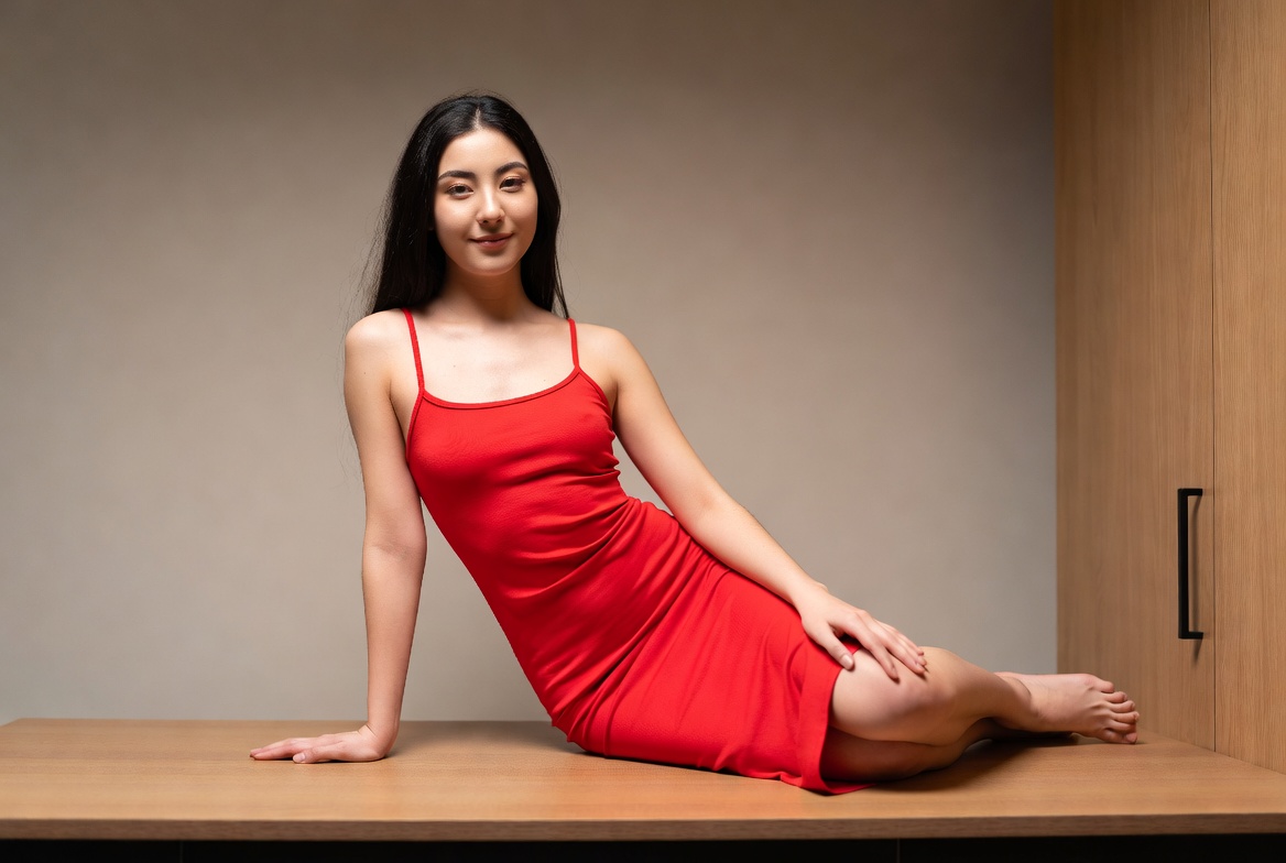 Asian woman in red dress sitting Asian woman in red dress sitting