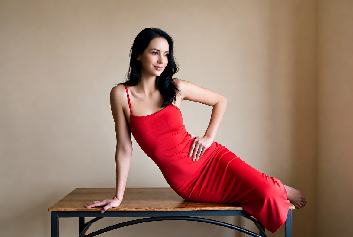 Woman in red dress on table Woman in red dress on table