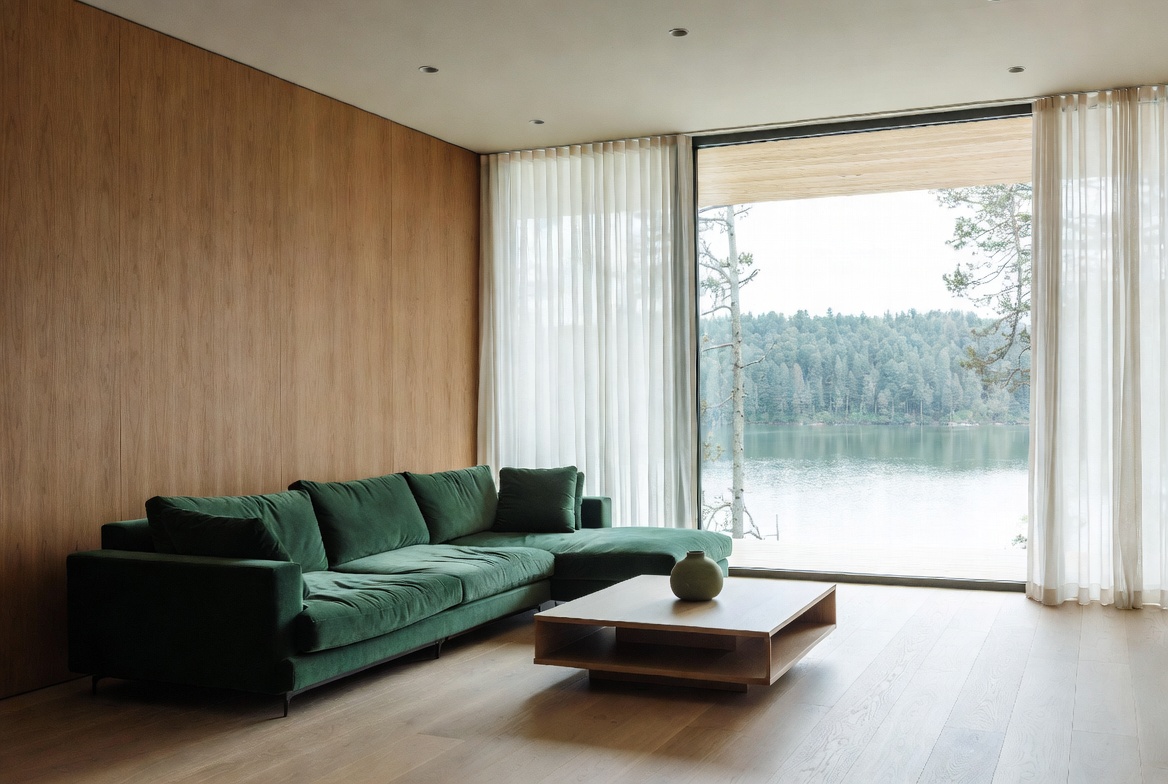 Green Velvet Sofa by Lake View Window Green Velvet Sofa by Lake View Window