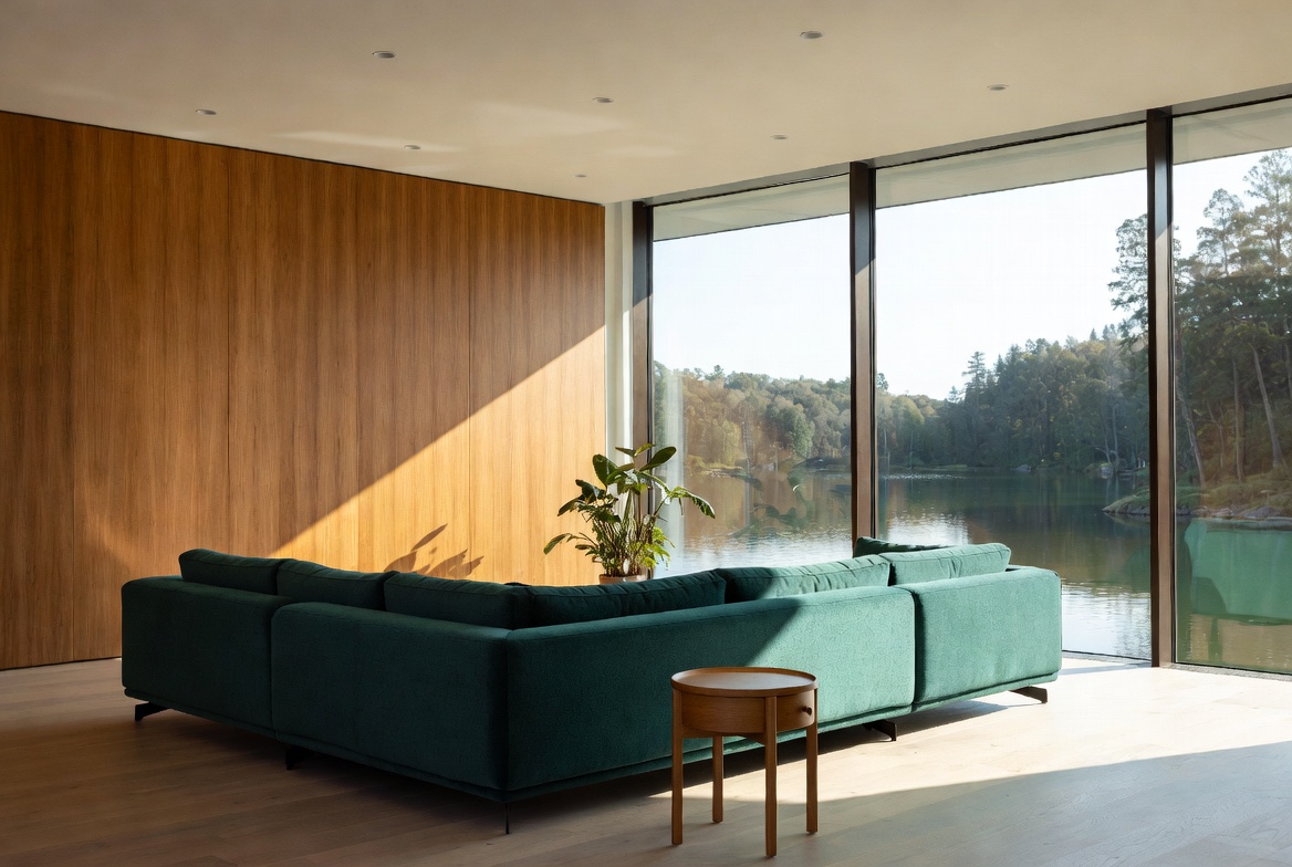 Green Corner Sofa by Lake Window Green Corner Sofa by Lake Window