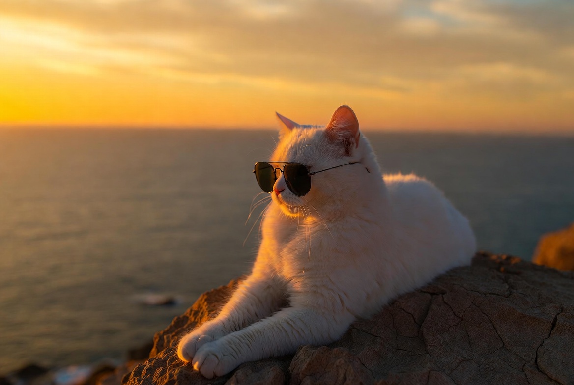 White cat with sunglasses on cliff White cat with sunglasses on cliff