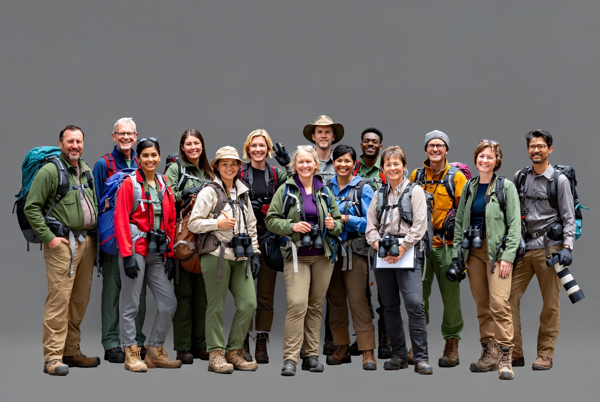 Diverse hikers group with backpacks and cameras Diverse hikers group with backpacks and cameras