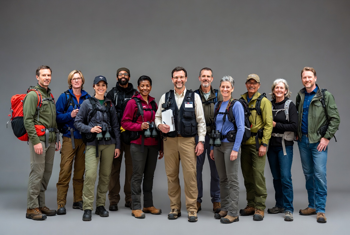 Diverse hiking group standing together Diverse hiking group standing together