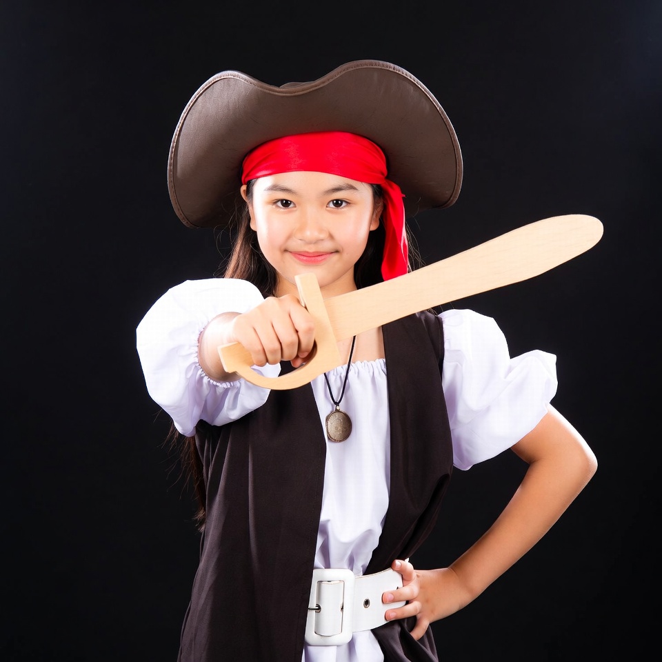 Asian girl in pirate costume with sword Asian girl in pirate costume with sword