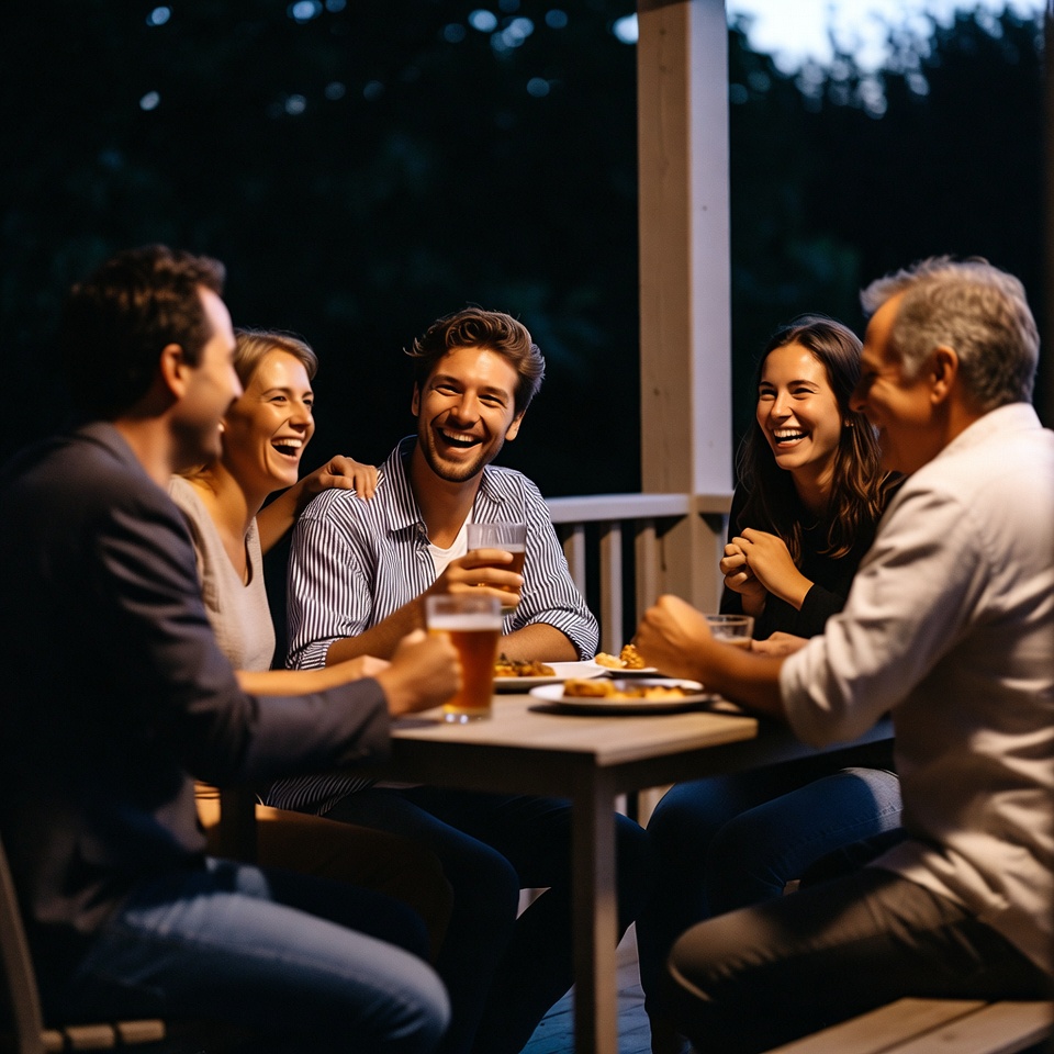 Family laughing around porch dinner table Family laughing around porch dinner table
