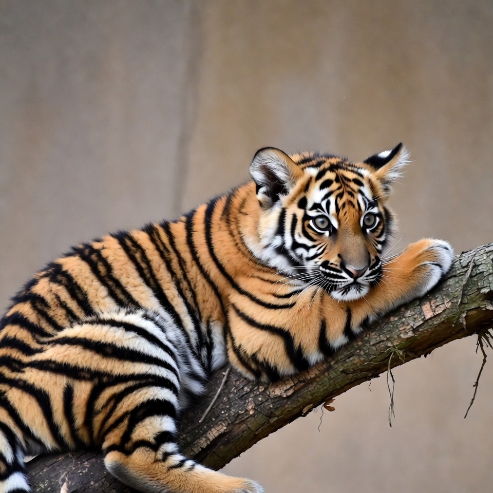 Tiger cub lounging on branch Tiger cub lounging on branch