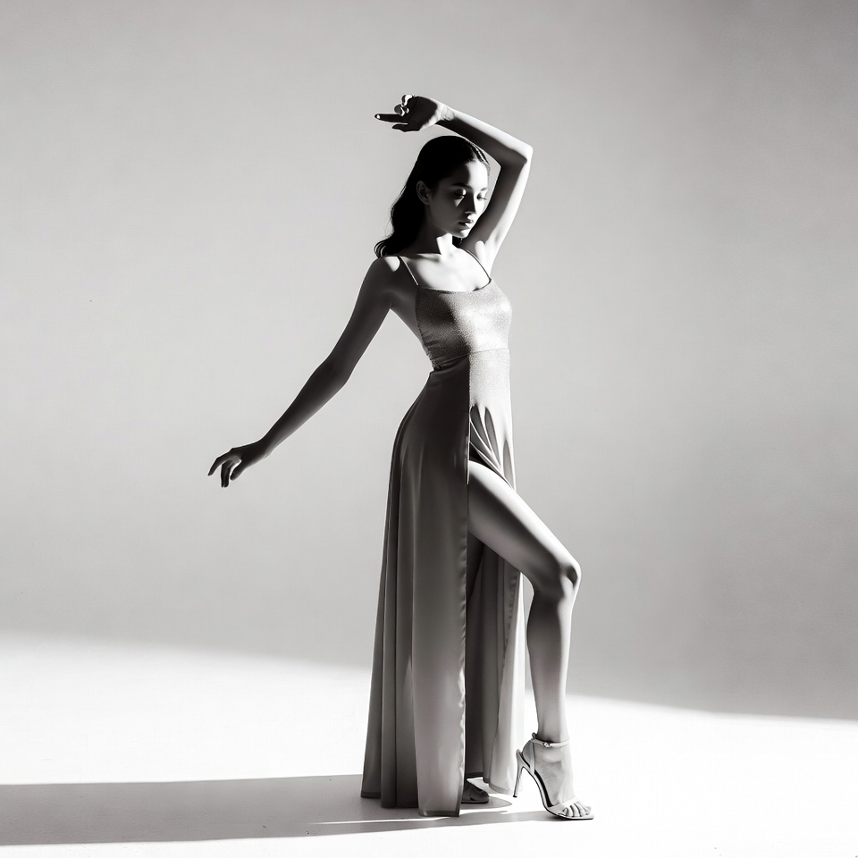 Asian woman dancing in slit gown Asian woman dancing in slit gown