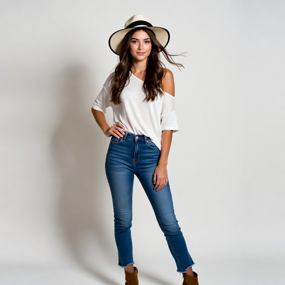 Woman in wide-brim hat and jeans Woman in wide-brim hat and jeans