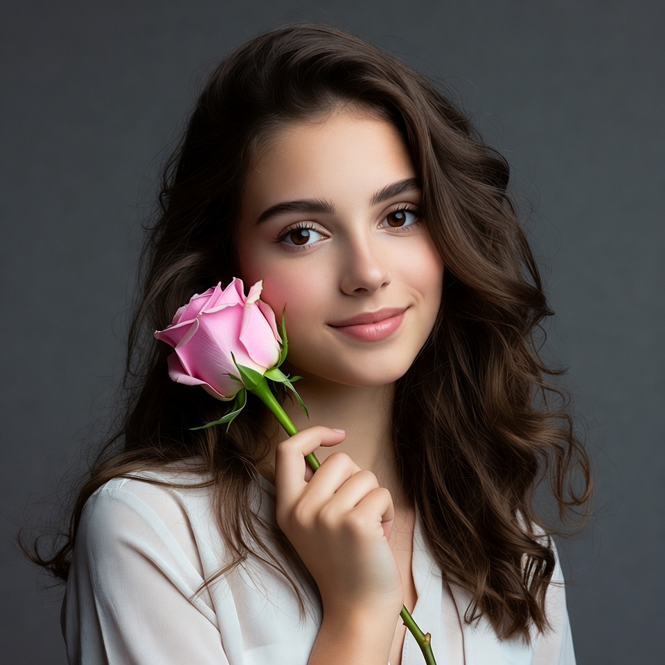Woman holding pink rose Woman holding pink rose