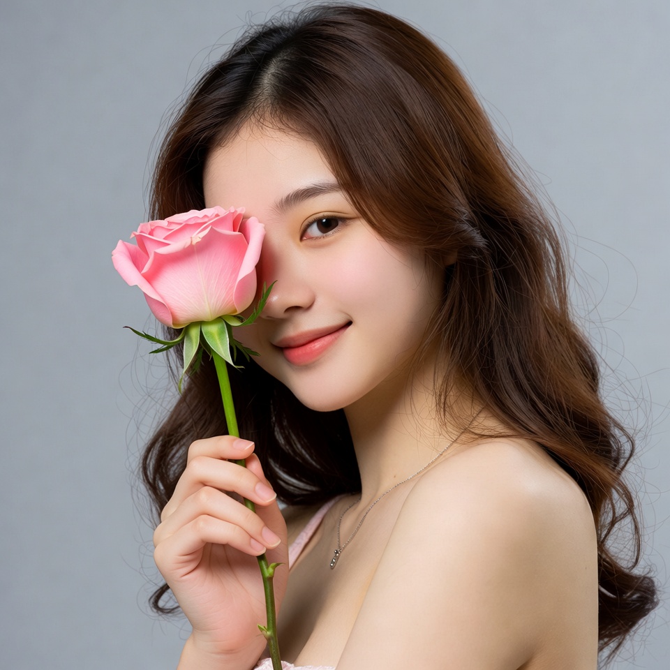 Asian woman holding pink rose Asian woman holding pink rose