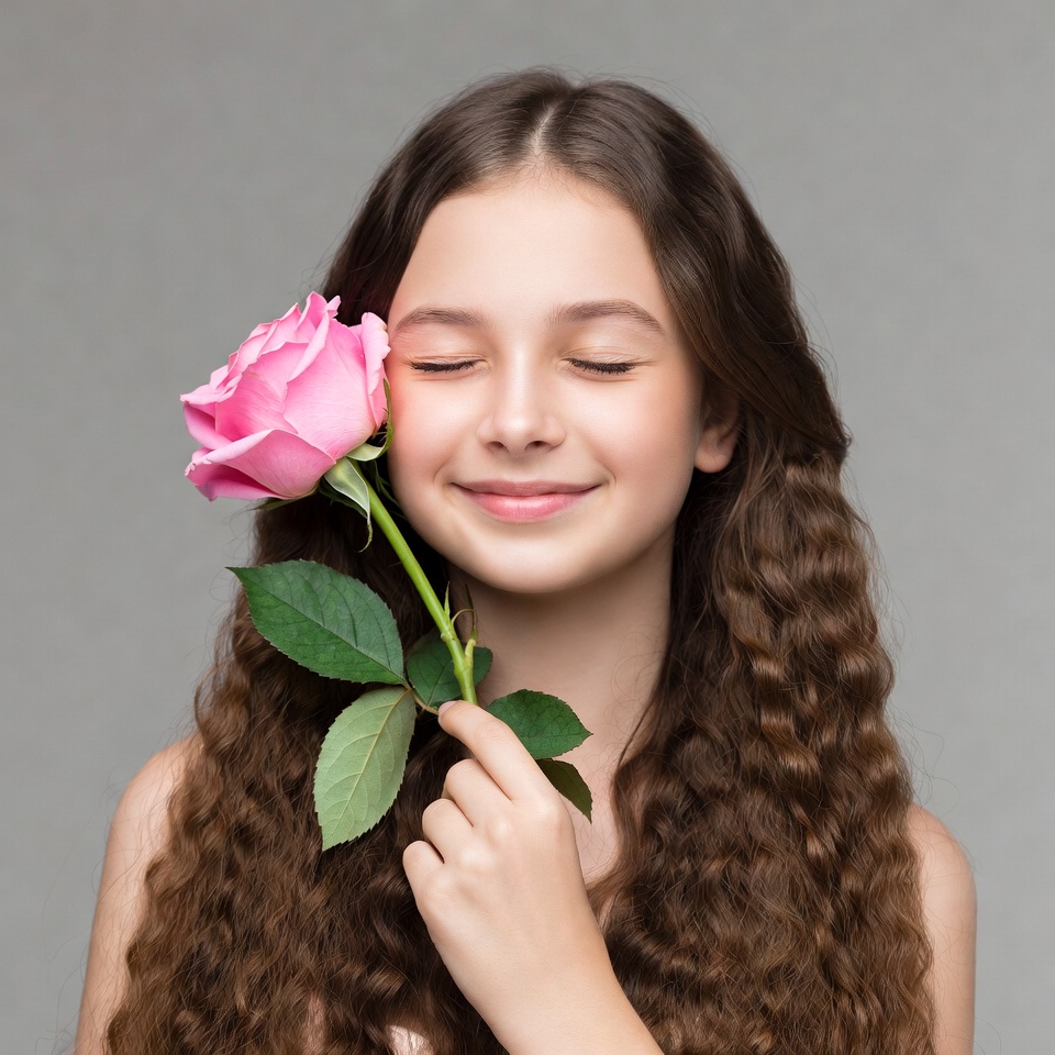 Girl holding pink rose Girl holding pink rose